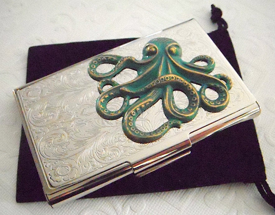 Green Octopus Business Card Case Gothic Victorian Nautical Steampunk Vintage Inspired Style Slim Silver Plated Case