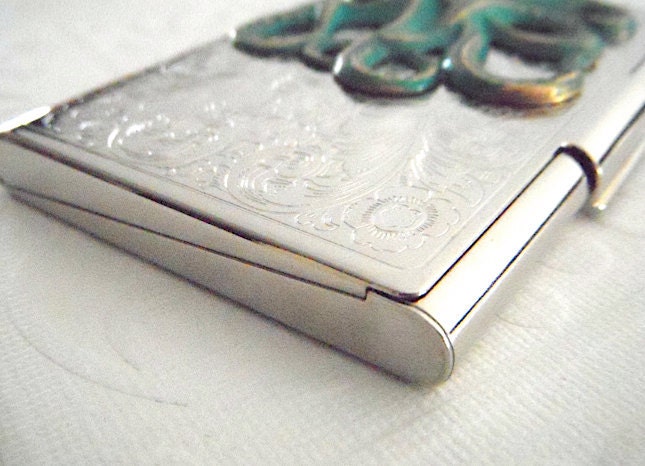 Green Octopus Business Card Case Gothic Victorian Nautical Steampunk Vintage Inspired Style Slim Silver Plated Case