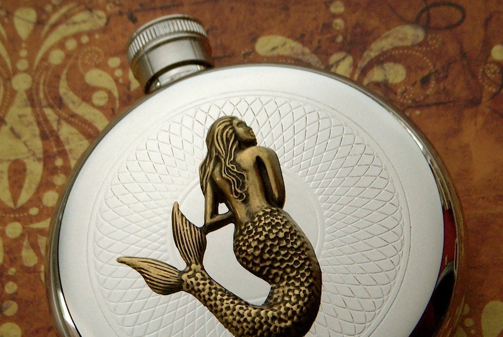 Round Mermaid Flask Hip Flask Silver & Brass Gothic Victorian Nautical Steampunk Pirate Accessories Featured on TheAwesomer dot com