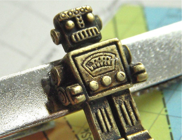 Robot Tie Clip Rustic Steampunk Fashion Men's Accessories Geekery Silver & Rustic Bronze Mixed Metals Tie Bar From Cosmic Firefly