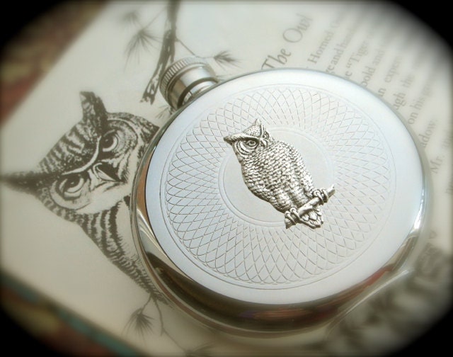 Silver Owl Flask Round Gothic Victorian Steampunk Flask Vintage Inspired Accessories