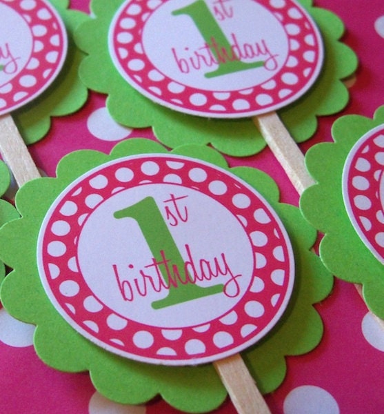 Hot Pink Polka Dot Lime First Birthday Cupcake Toppers