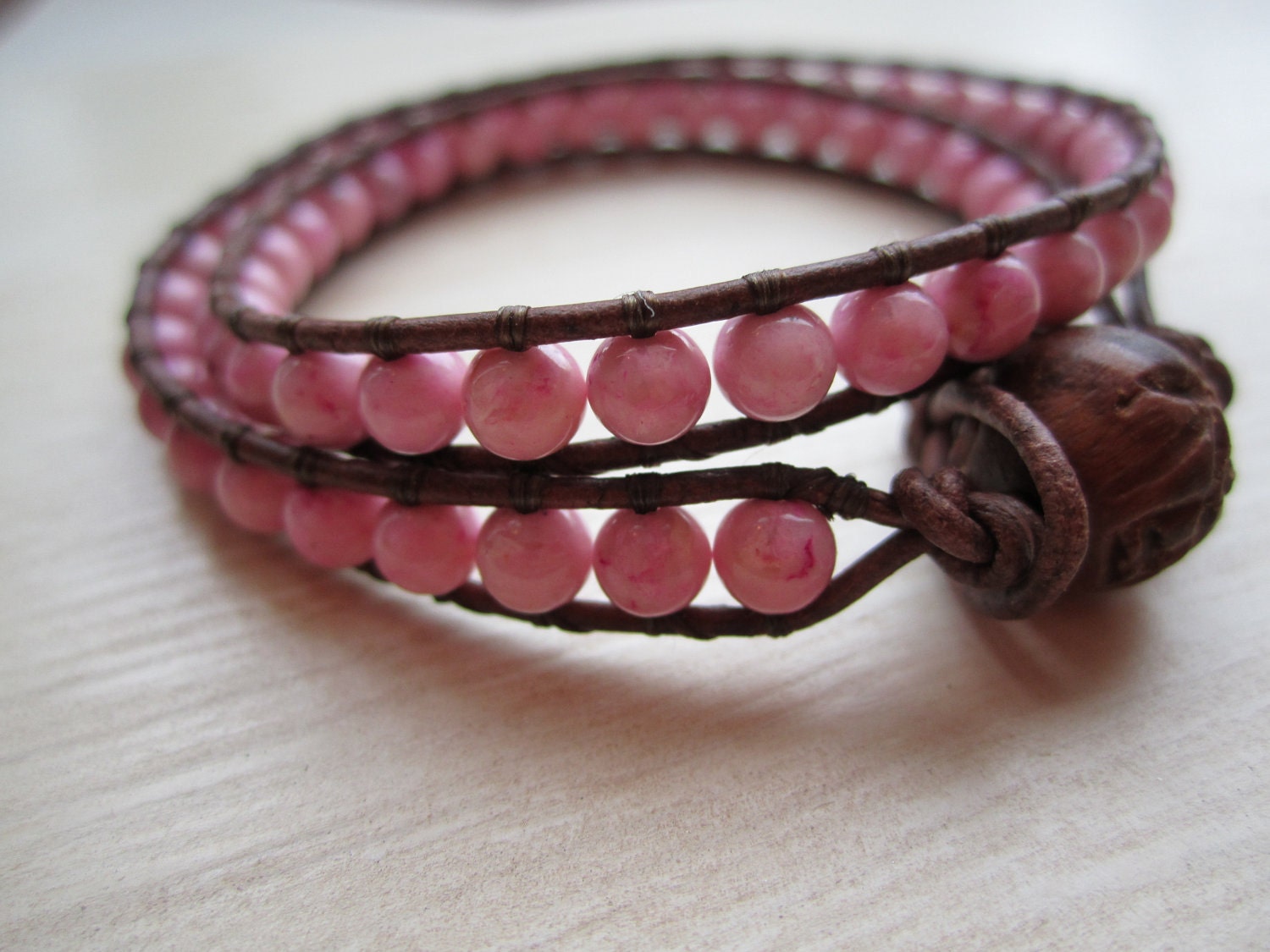 Pink River Stone Leather beaded wrap bracelet Chan Luu style