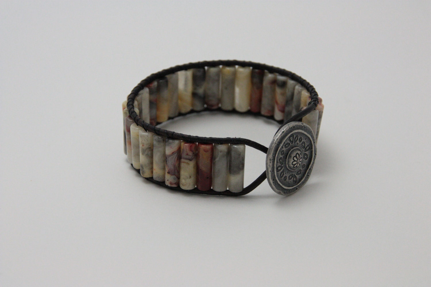 Beaded Leather Wrap Bracelet, multi colored cylinder crazy lace agate cuff style, jewelry