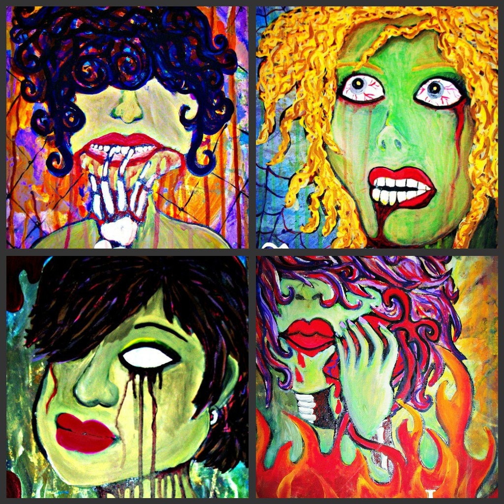 Set of 4 Zombie Girl 5x7 prints original artwork by me