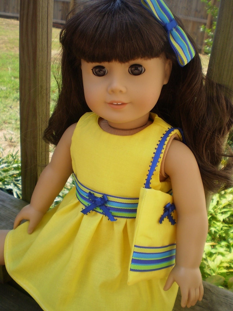 Yellow blue dress, purse & hairbow 18" Doll Clothes American Girl or bitty baby
