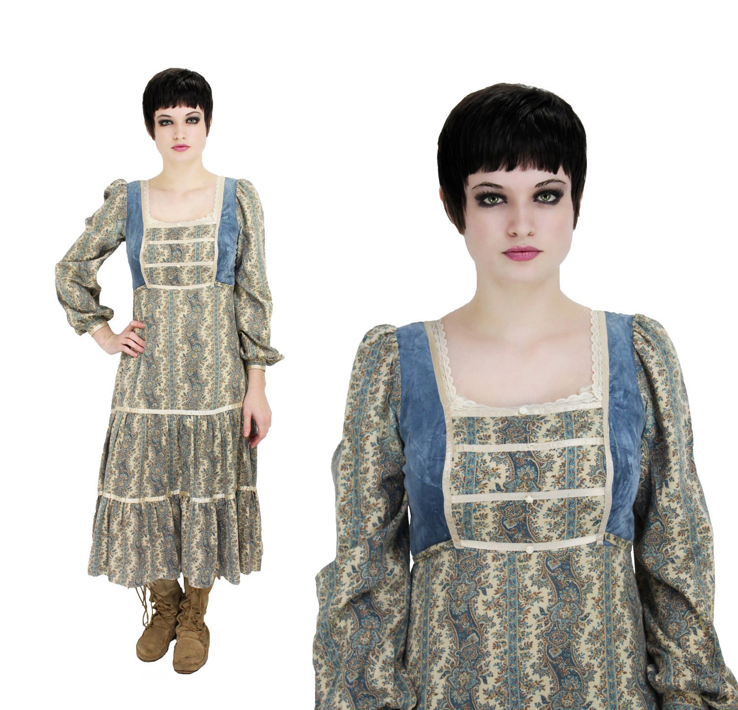 60s Gunne Sax Prairie Hippie Dress Vintage 70s Blue Velvet S