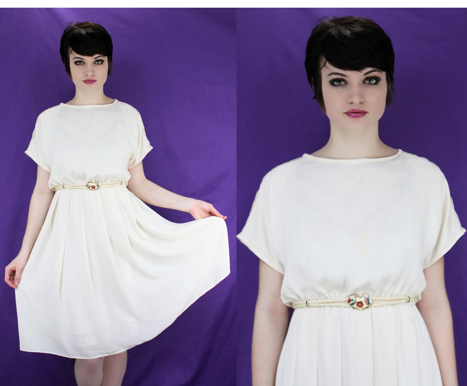 70s Secretary Dress Vintage Cream With Lace Applique Leaves Sleeves S M