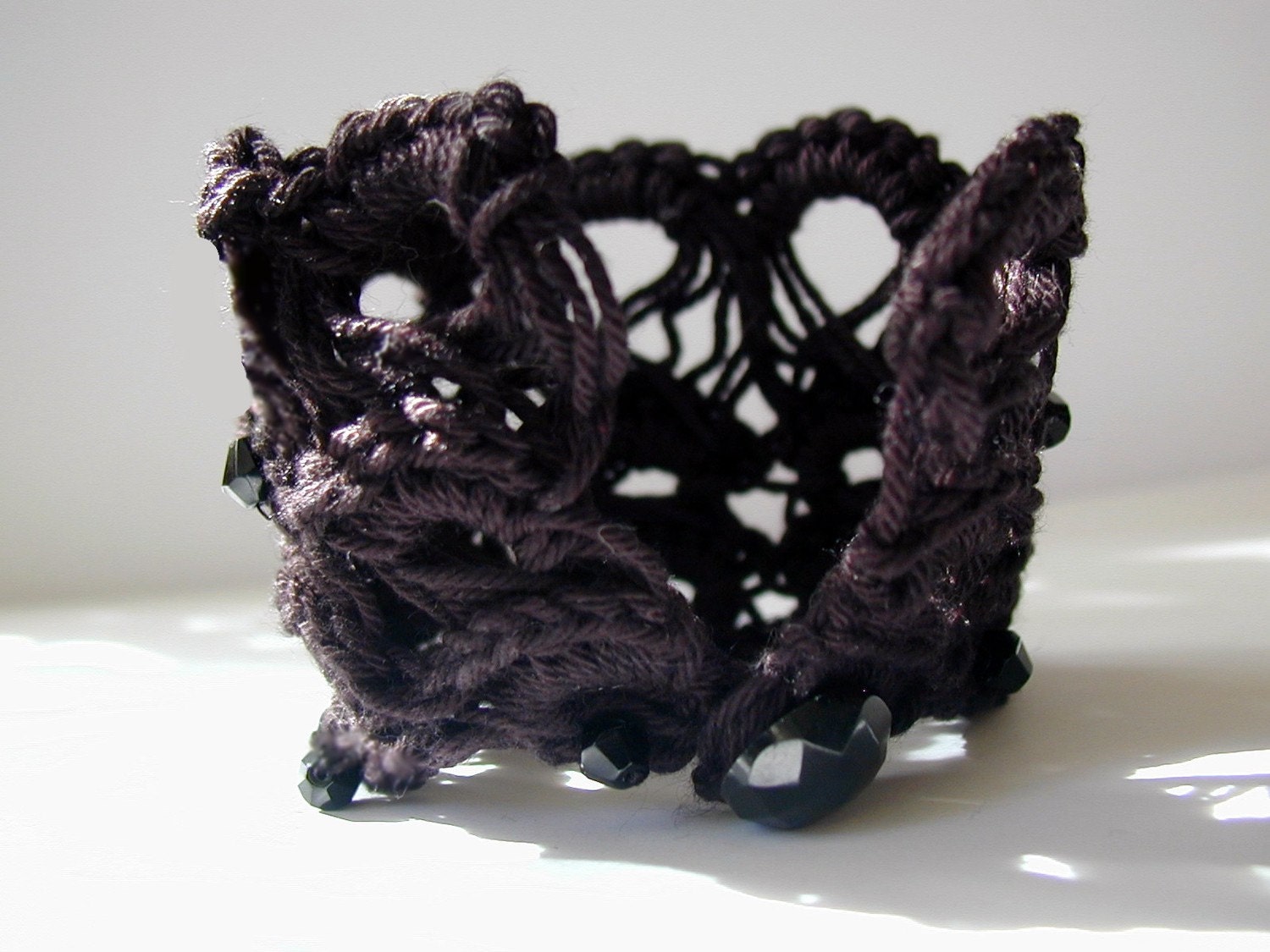Black Beaded Broomstick Lace Crocheted Bracelet