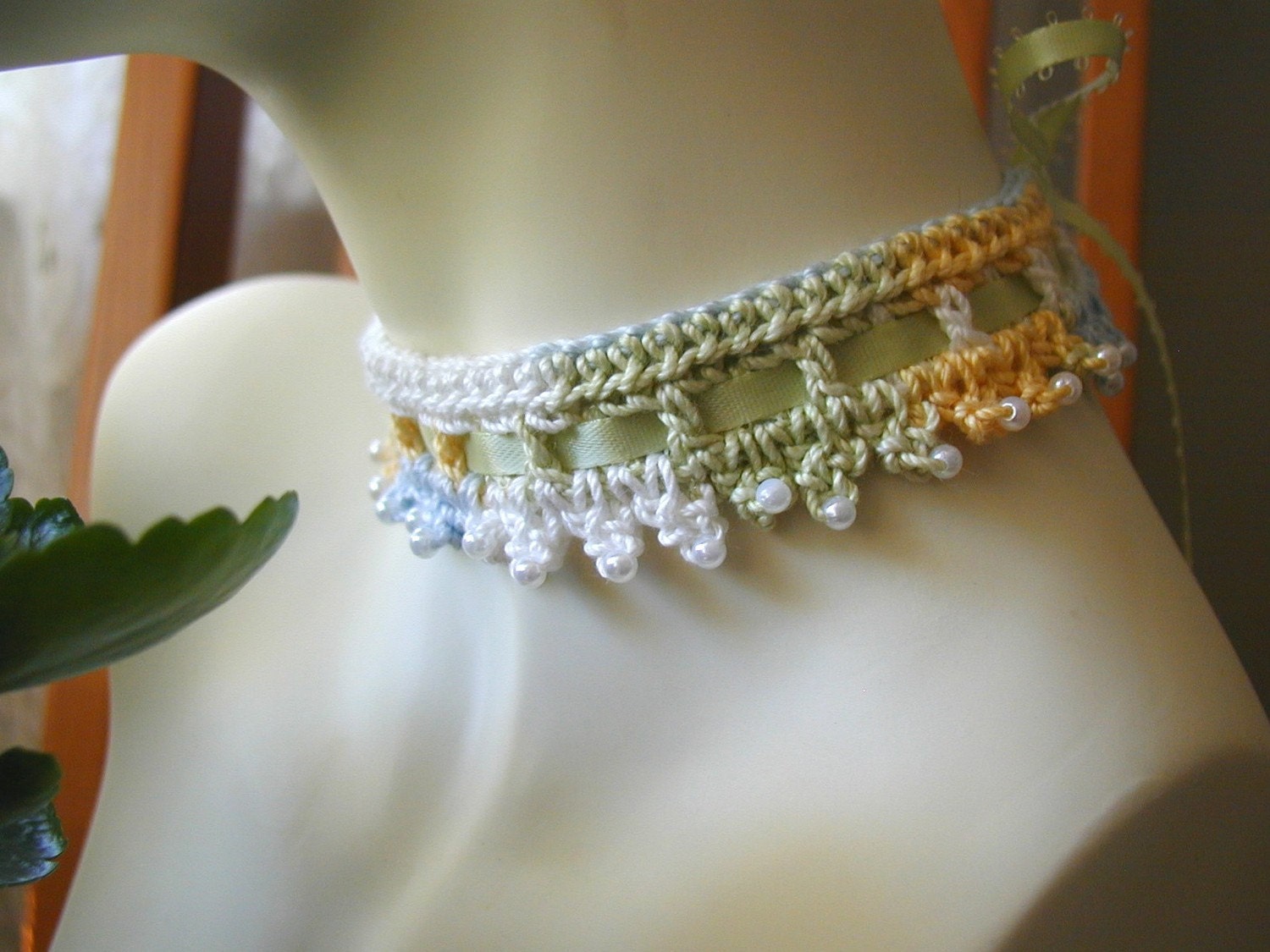 Pastel Crocheted Beaded Choker with Satin Ribbon