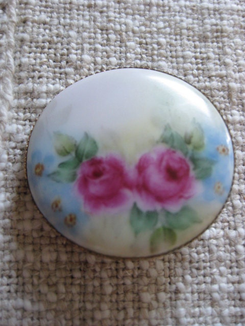 Vintage Handpainted ROSES Porcelain Pin Brooch