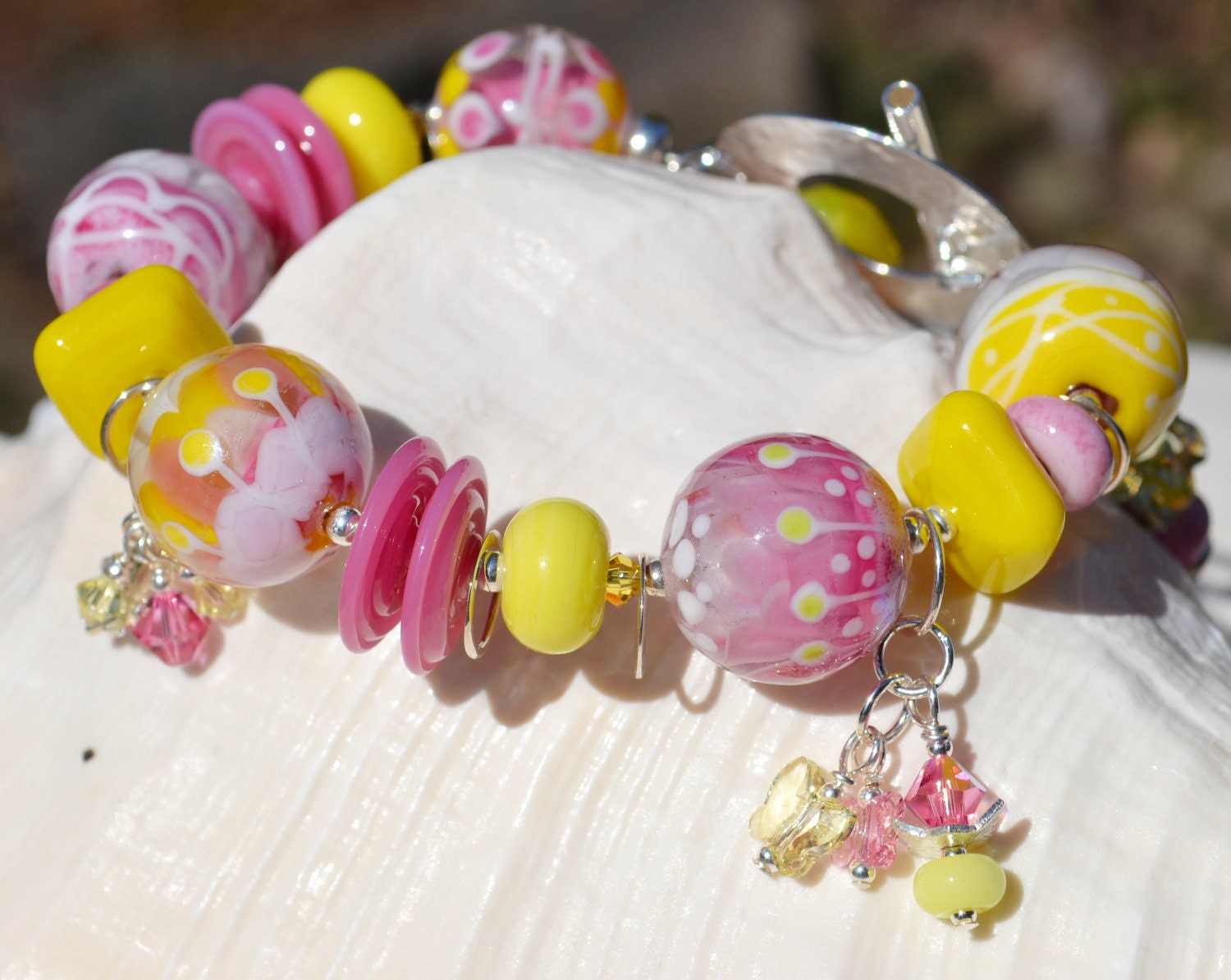 PINK LEMONADE-Handmade Lampwork and Sterling Silver Bracelet