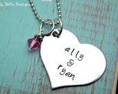 Personalized Hand-Stamped Heart Shaped Disc with Pink Swarovski Crystal Charm