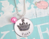 Personalized Hand Stamped  Princess Tiara Necklace with Bubblegum Pink Pearl Charm