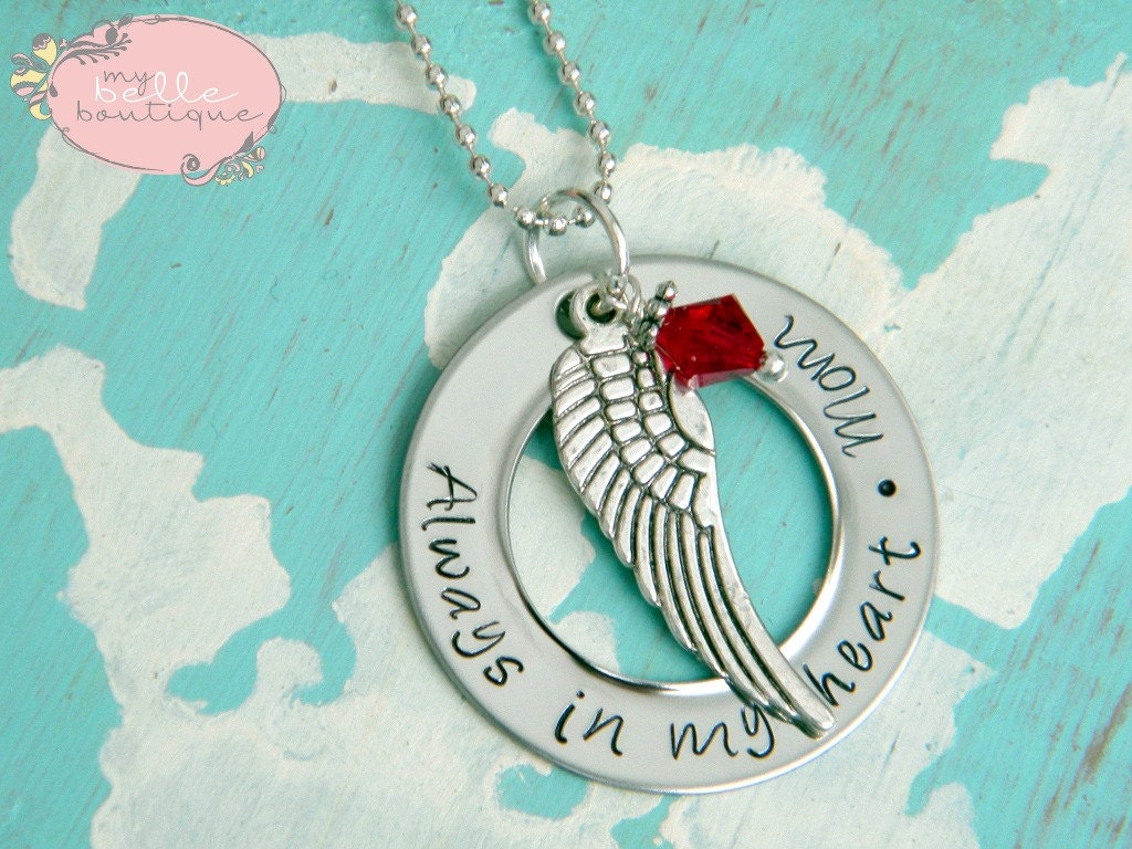 Personalized Memorial Washer Necklace with Angel Wing Charm and Birthstone - Always In My Heart