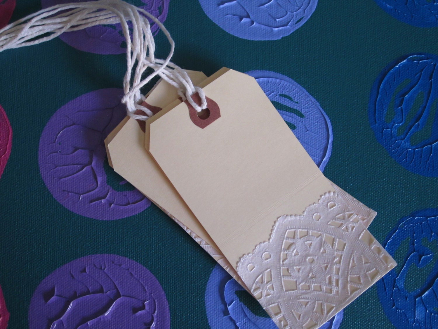 Lacey - manilla gift tags with lace doilies -- set of 5