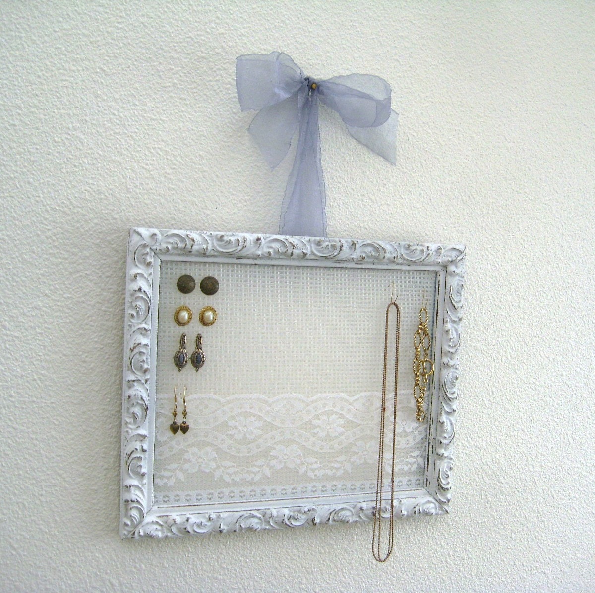 Distressed White Shabby Chic Repurposed Picture Frame Jewelry Display Organizer