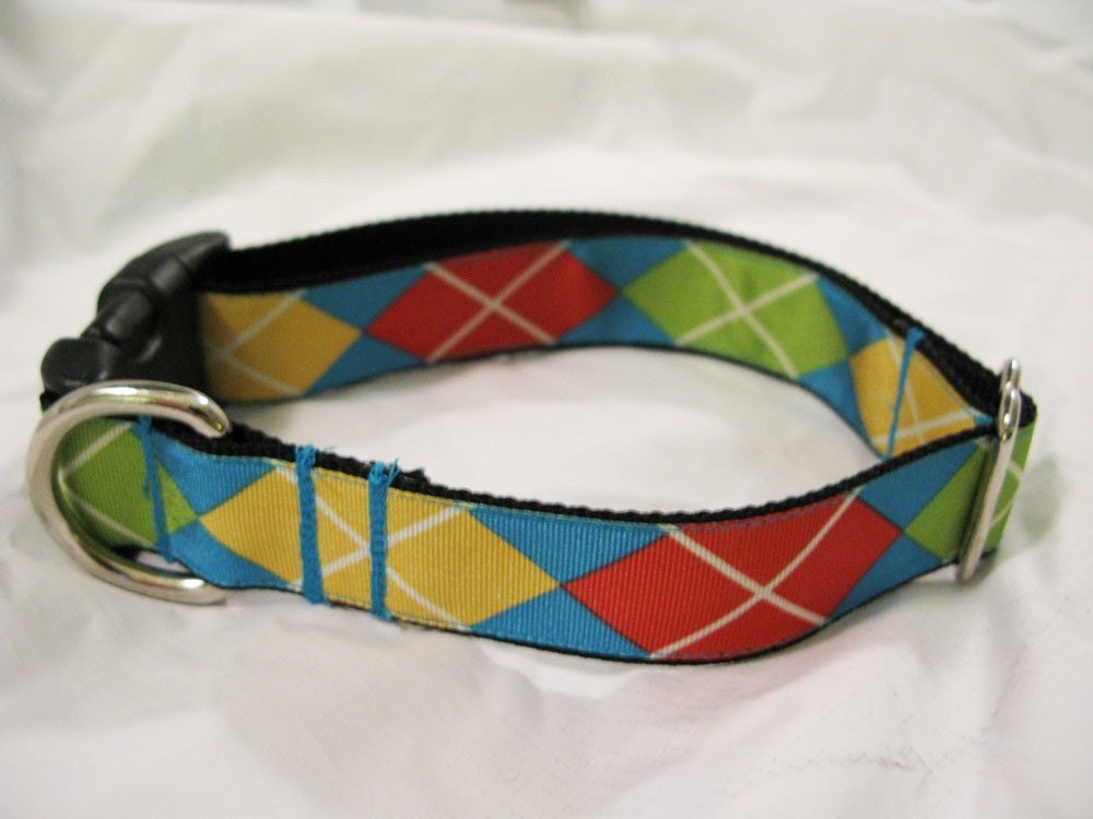 The Circus-- Blue, Red, Yellow Argyle Dog Collar (Large)