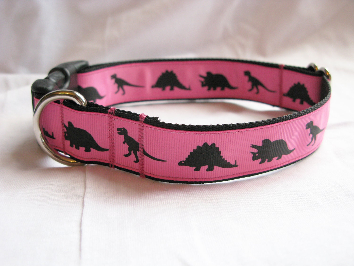 Pink Dino Walk -- Pink Dinosaur Printed Dog Collar (Large)