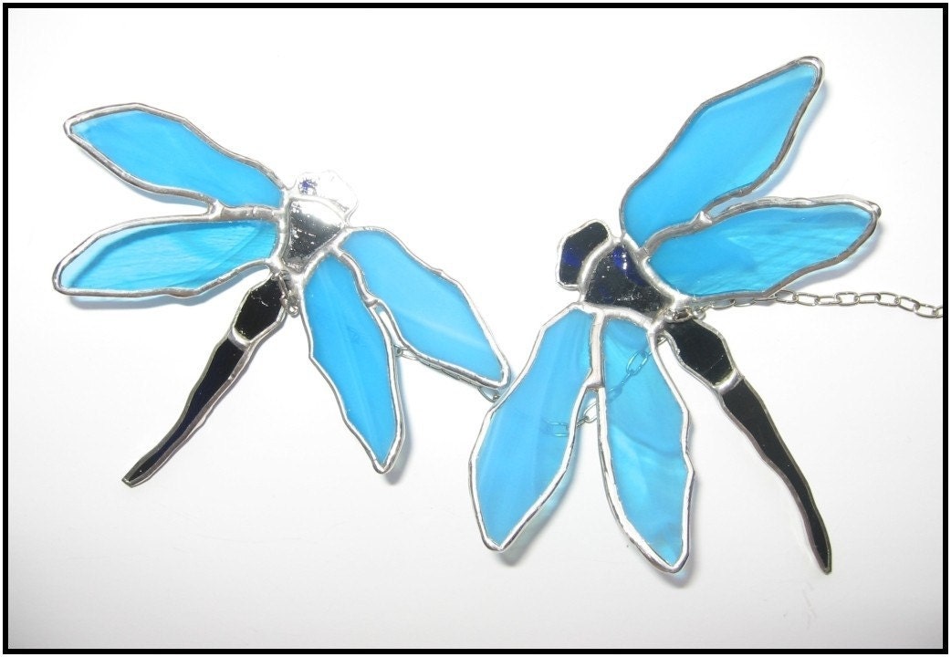 FREE POSTAGE - Dragonflies - Sky Blue Stained Glass suncatcher mobile