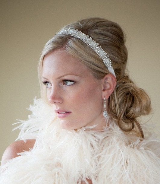 Bridal Headband, Bridal Ribbon Headband, Wedding Headpiece, Ribbon and Crystal Headband - FELECIA