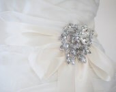 Wedding Dress Sash, Bridal Gown Sash, Crystal Brooch, Ivory Ribbon Sash