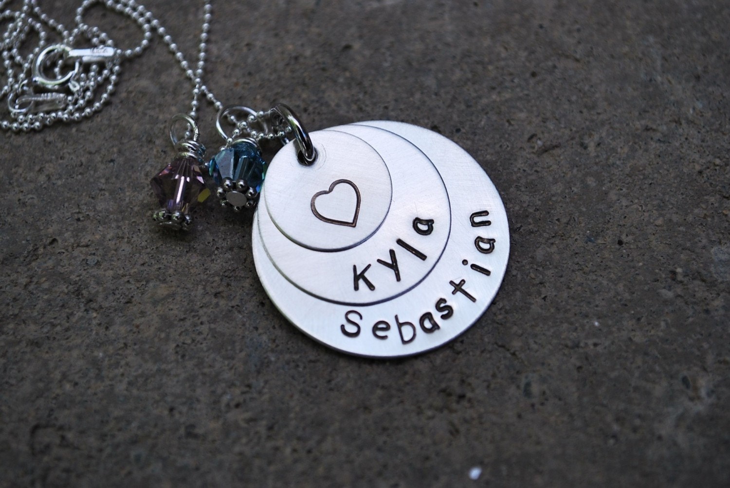 Mothers Pendant-Hand Stamped Sterling Silver Pendant/Necklace - Discs -Double Layered- Silver Heart with Birthstones-Comic Sans Font