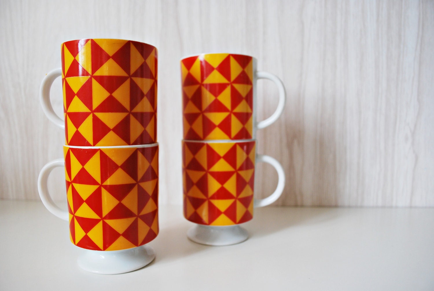 vintage / / STACKING CUPS / / red / yellow / geometric