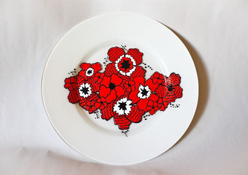 SALE Glass Plate with Stained glass Painting - decorative handmade white red orange Flowers pattern