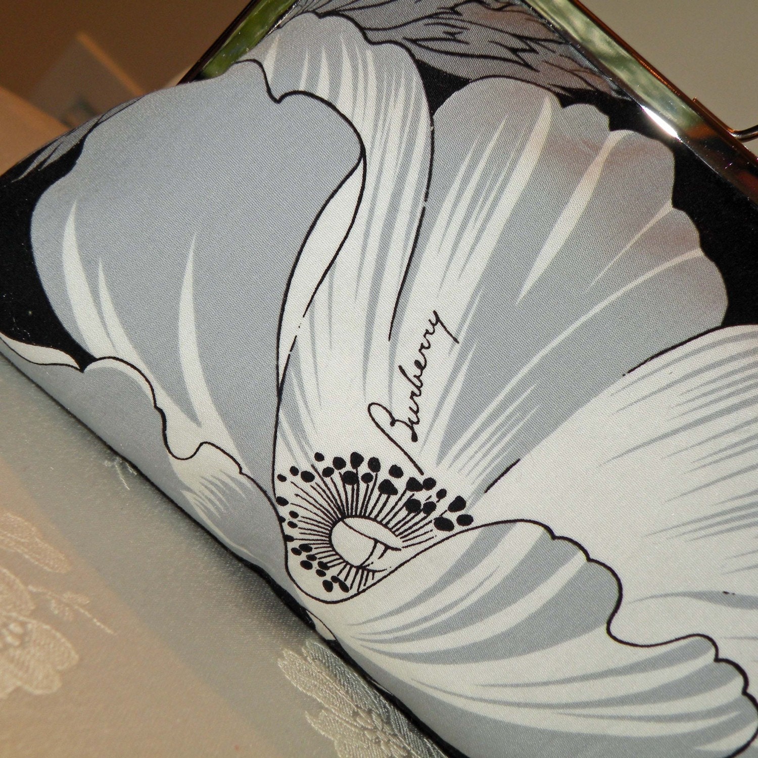 Exotic Poppy and Fiery Chrysanthemum Clutch/Purse/Bag..Silk Lined..Limited  Burberry  fabric..Black/White..Bridal/Wedding/Prom/Gift