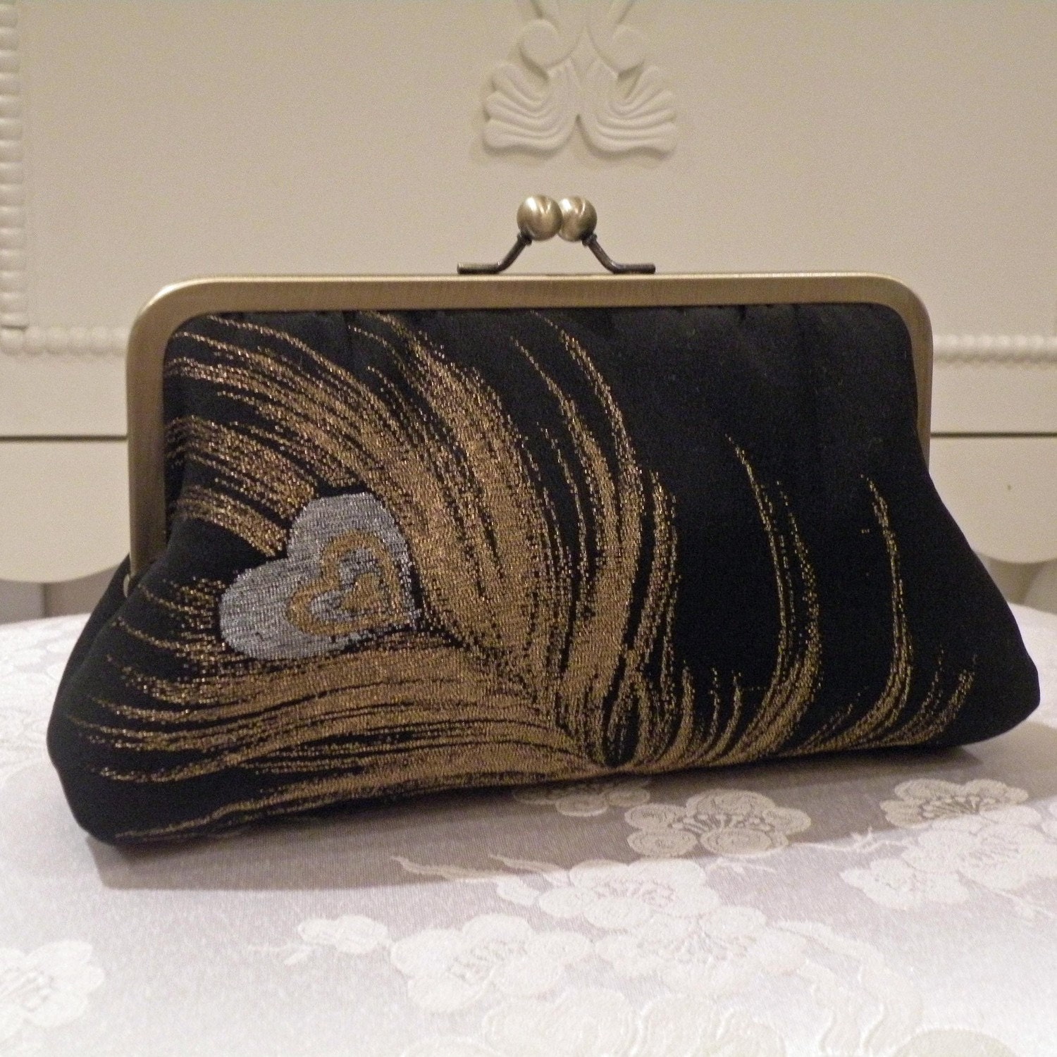 Silk Kimono Fabric Clutch/Purse/Bag..Black w/gold and silver Peacock Feather