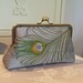 Clutch/Purse/Bag..Embroidered Peacock Feather..Silver Silk Fabric w/Gold