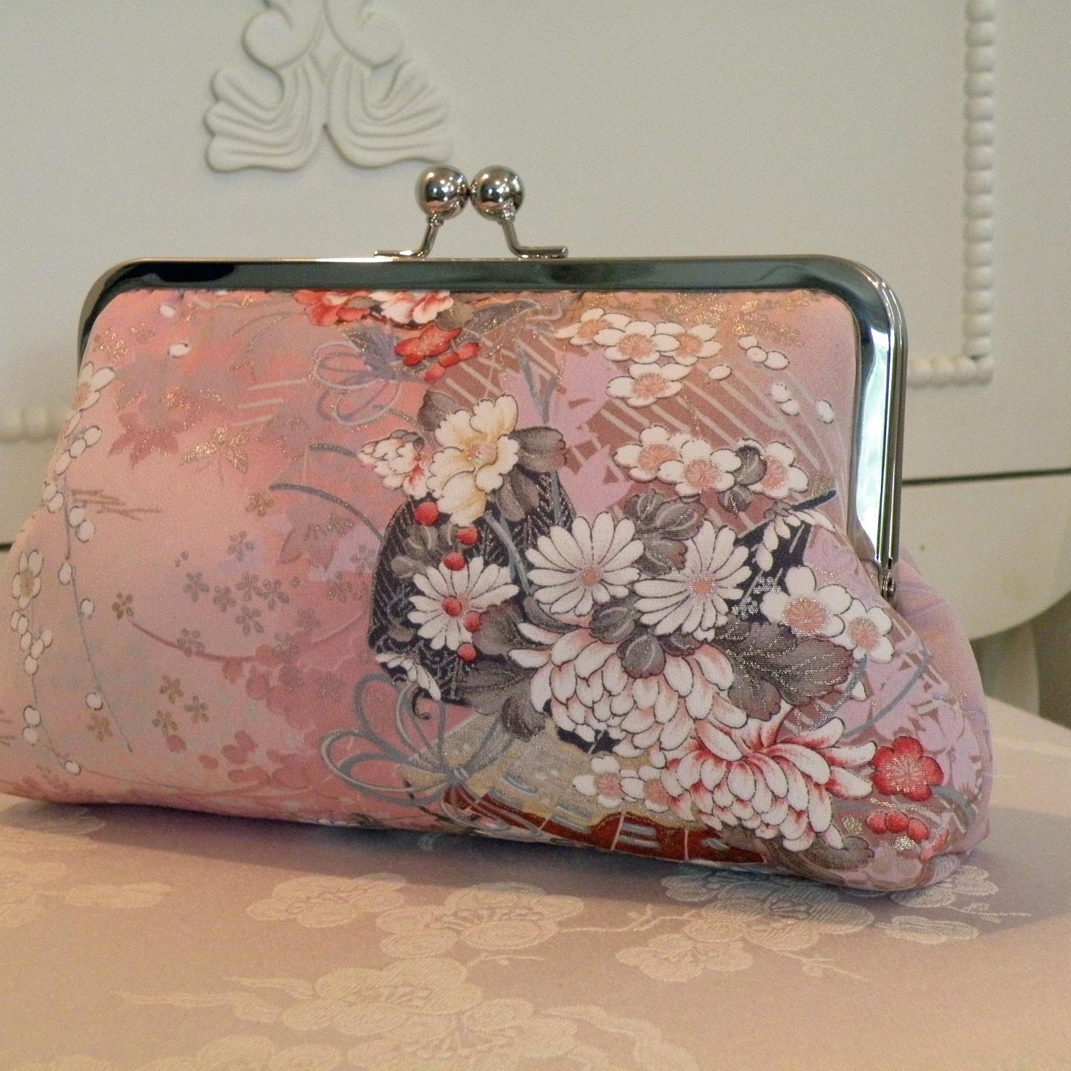 Silk Kimono Fabric Clutch/Purse/Bag.. Cherry Blossoms..Asian fans..Wrap/Scarf/Shrug to match..Bridal/Wedding/Bridesmaid Gift..Free Monogram
