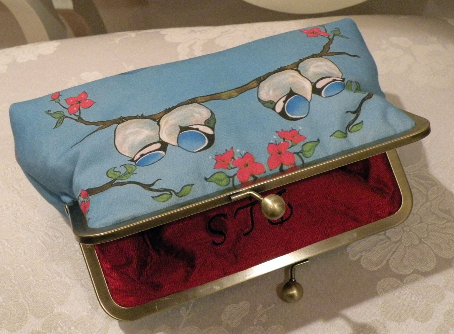 Chickadee and Cherry Blossoms Bird On A Branch Clutch/Purse..Silk Lined..Blue Skies..Free Monogram