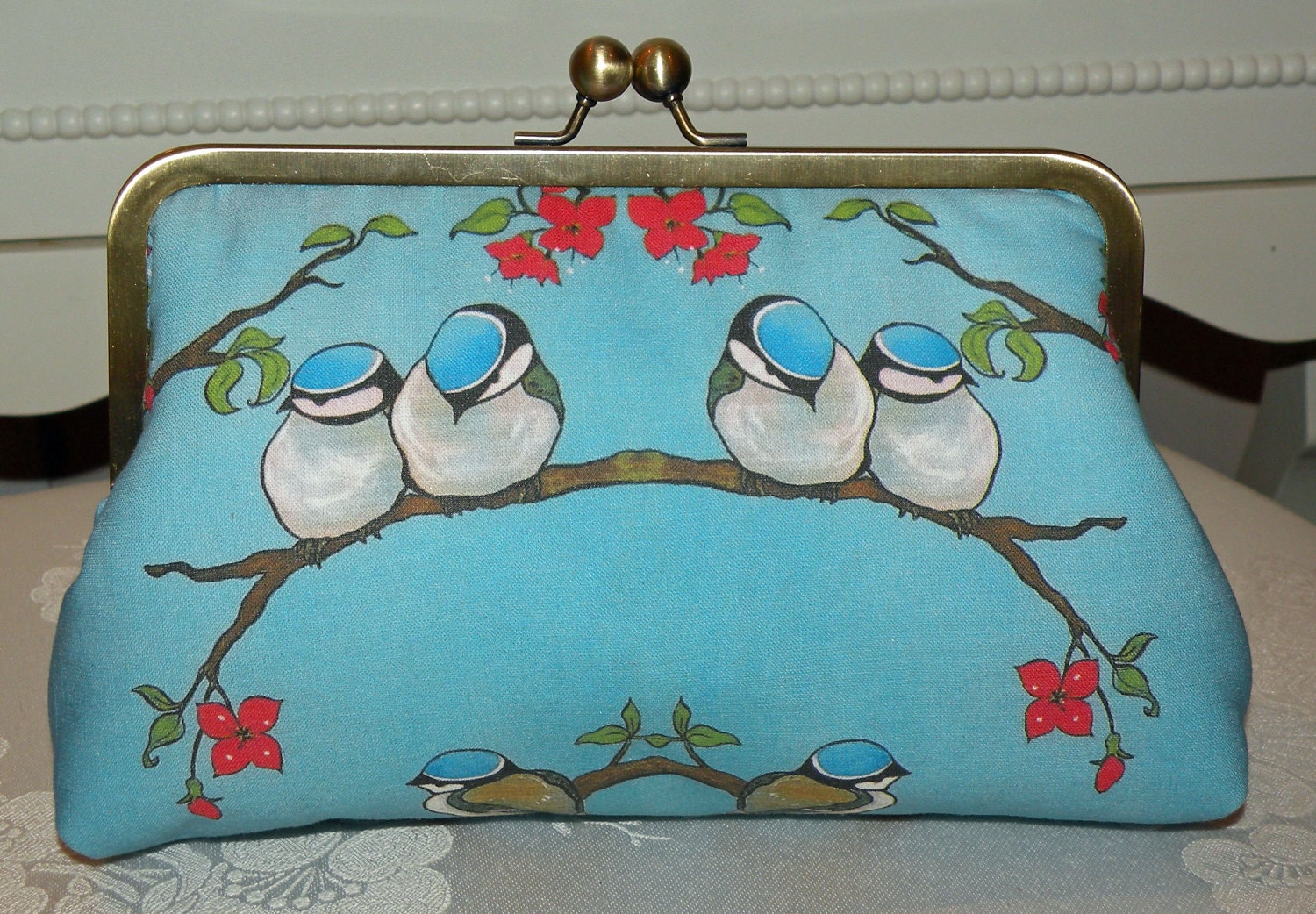 Chickadee and Cherry Blossoms Bird On A Branch Clutch/Purse..Silk Lined..Blue Skies..Free Monogram