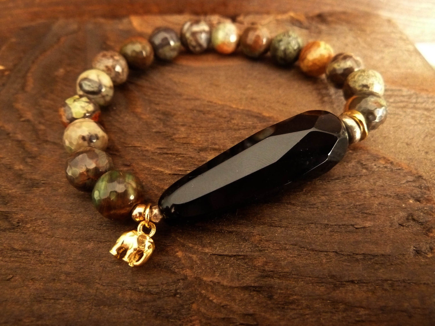 Earth Day Special - Agate and Onyx Meditation Bracelet with Lucky Baby Elephant Charm