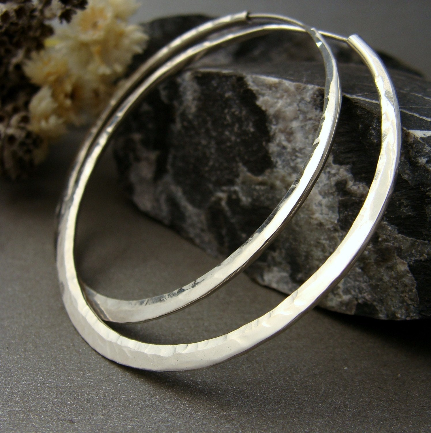 hoop earrings recycled sterling silver  2 inch smooth hammer endless style solar power