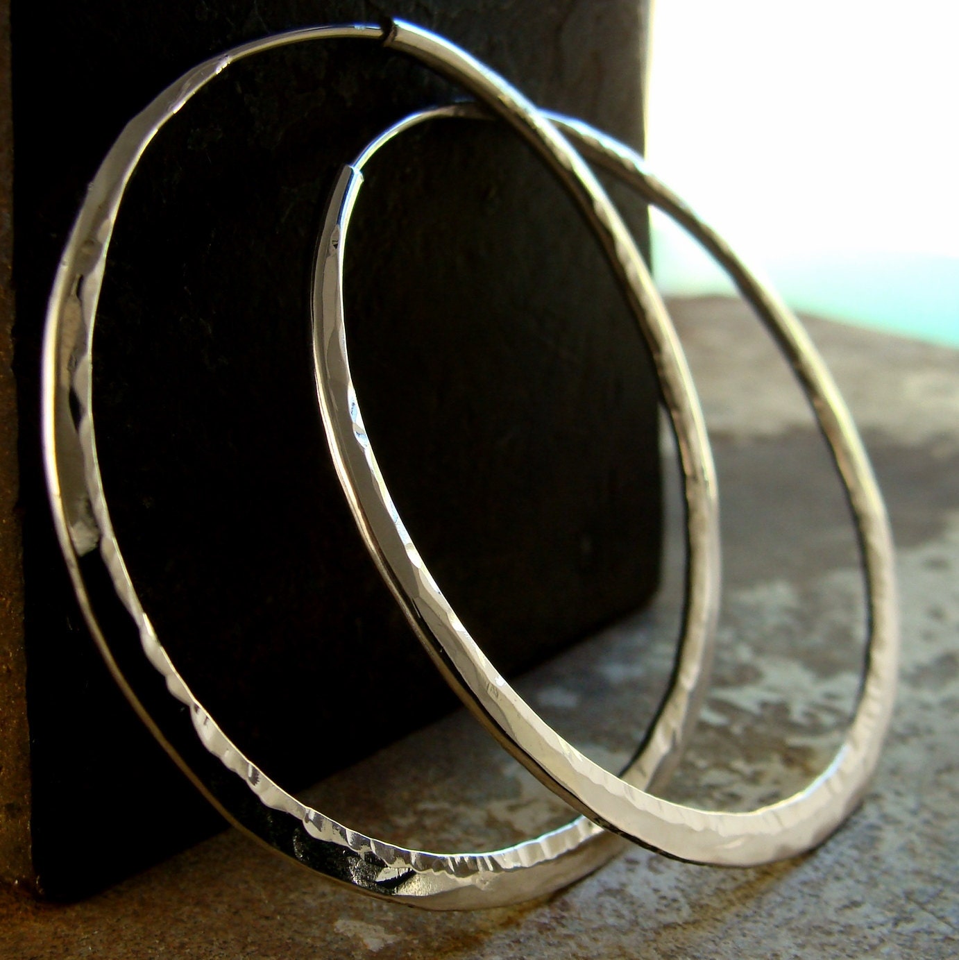 handcrafted hoop earrings silver  2 inch flat hammered endless style large hoop