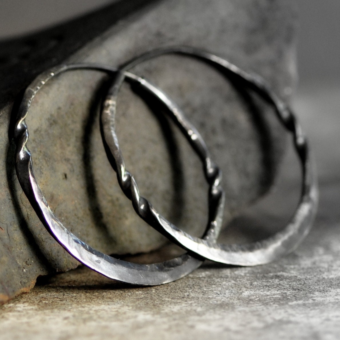 darkened silver hoop earrings with a twist   hammered sterling hoops Medium endless style