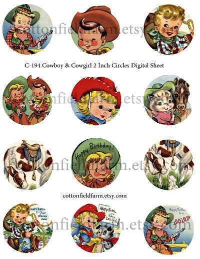 Cowboy and Cowgirl Cupcake Toppers Two Inch Circles Digital Sheet C-194 for Tags, Scrapbooking, Cardmaking, Children