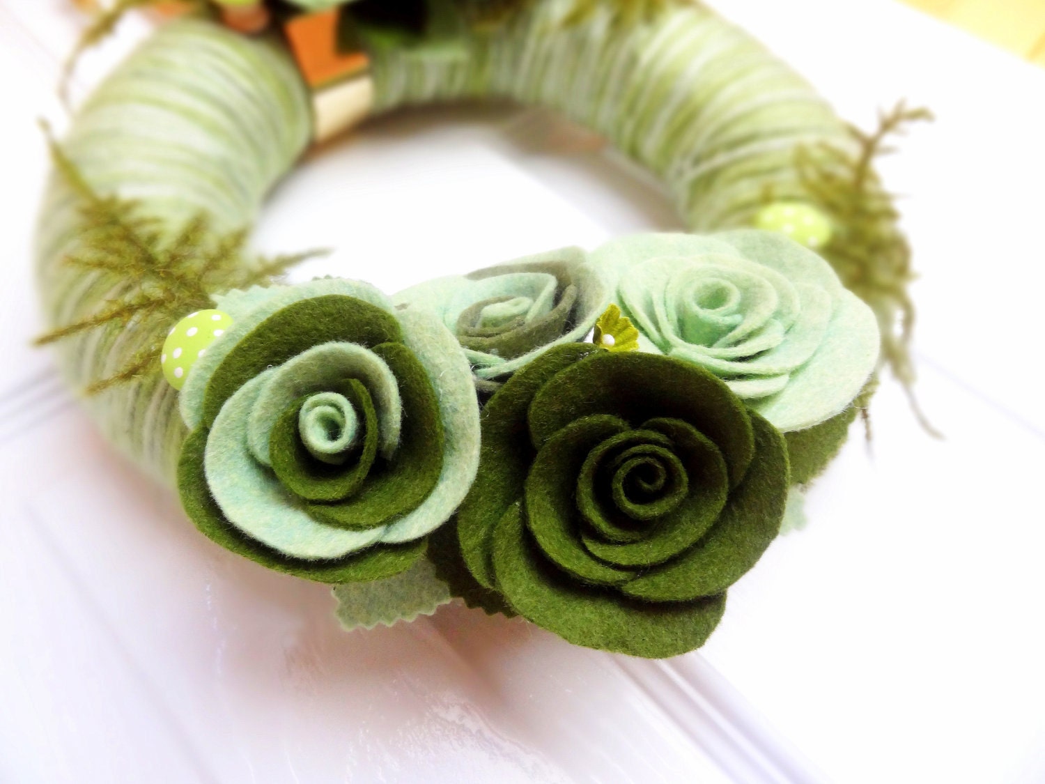 Moss - The Original Felt Yarn Wreath - 10 inch Door Decoration in Green with Painted Wood Mushrooms and Ferns