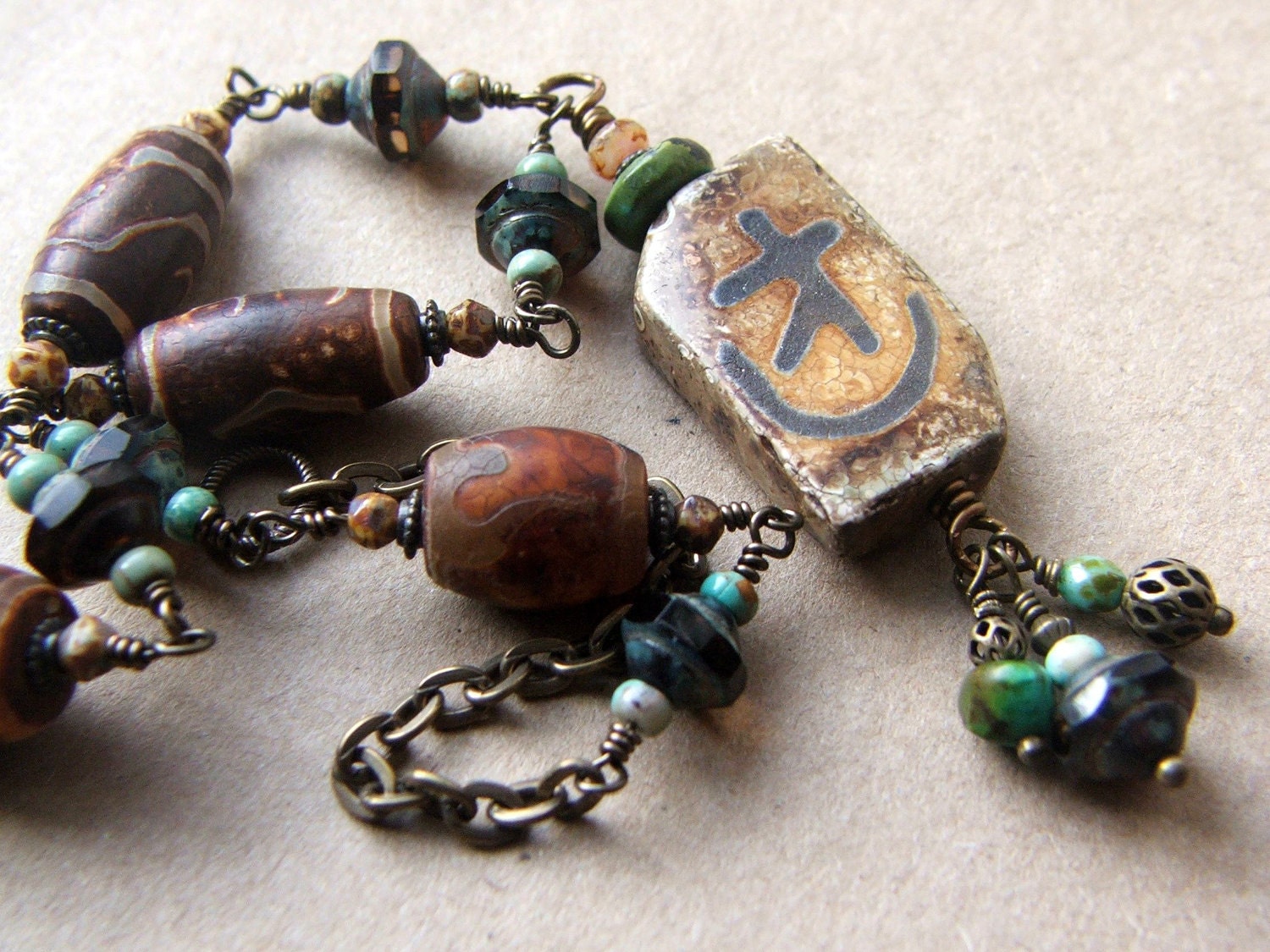 Rustic Stone Necklace, primitive ancient look, tribal jewelry, fall colors