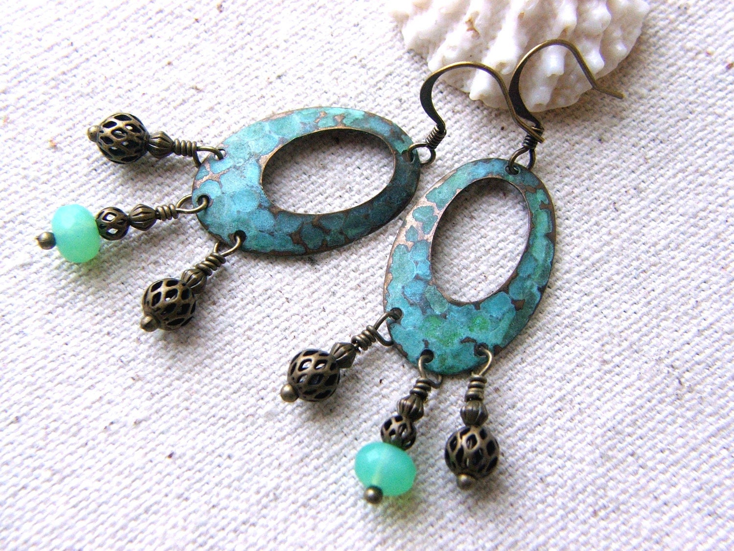 Chandelier Earrings, Hammered Brass, Tropical Ocean Colors, Verdigris Patina