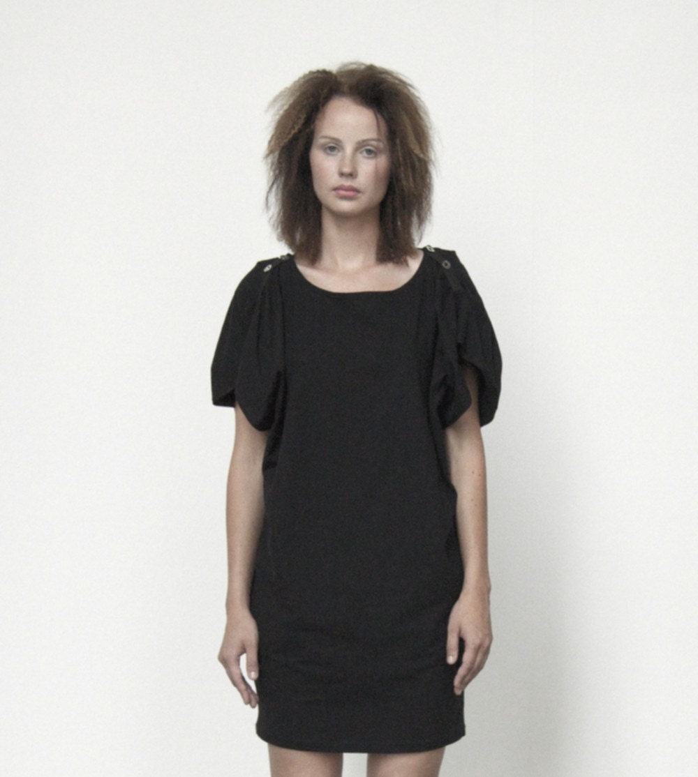 Black ecocotton jersey drape tunic with convertible shoulders -MADE TO ORDER