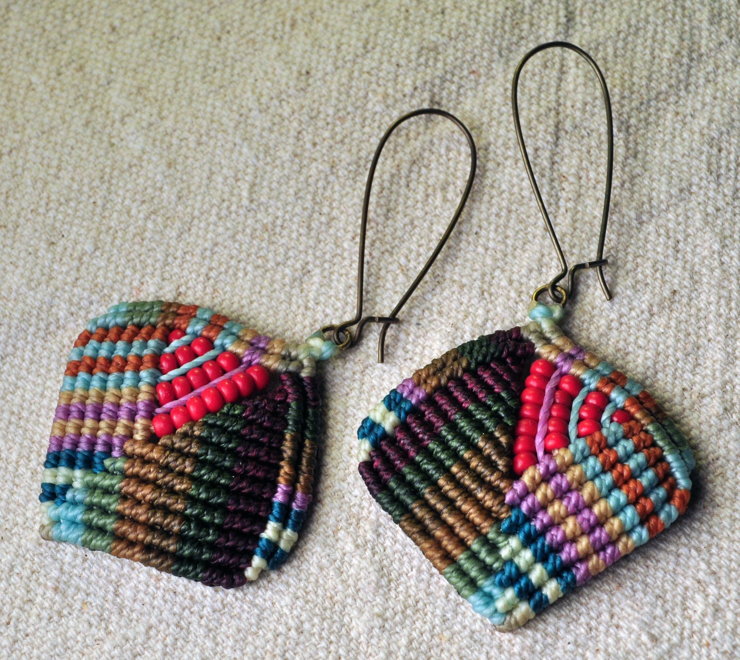 Asymmetric and Geometric Diamond Earrings with Red Czech Glass Beads