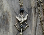 The Hunger Games  Inspired Bow and Arrow Necklace with Coal Black Crystals and Brass Mockingjay