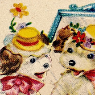 Vintage puppy greeting card with mirror - unsigned