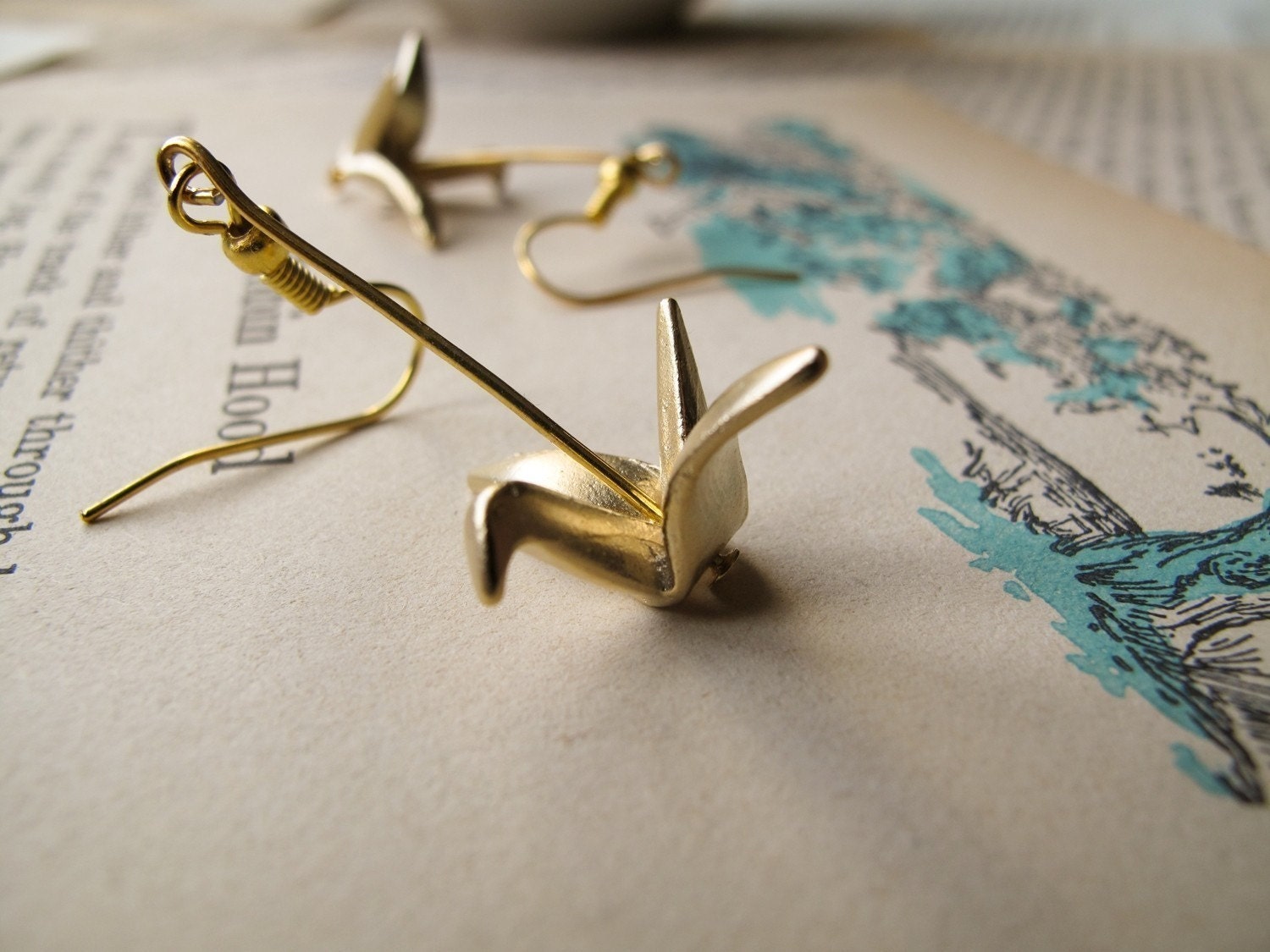 14k Gold Paper Crane Earrings - Long Length