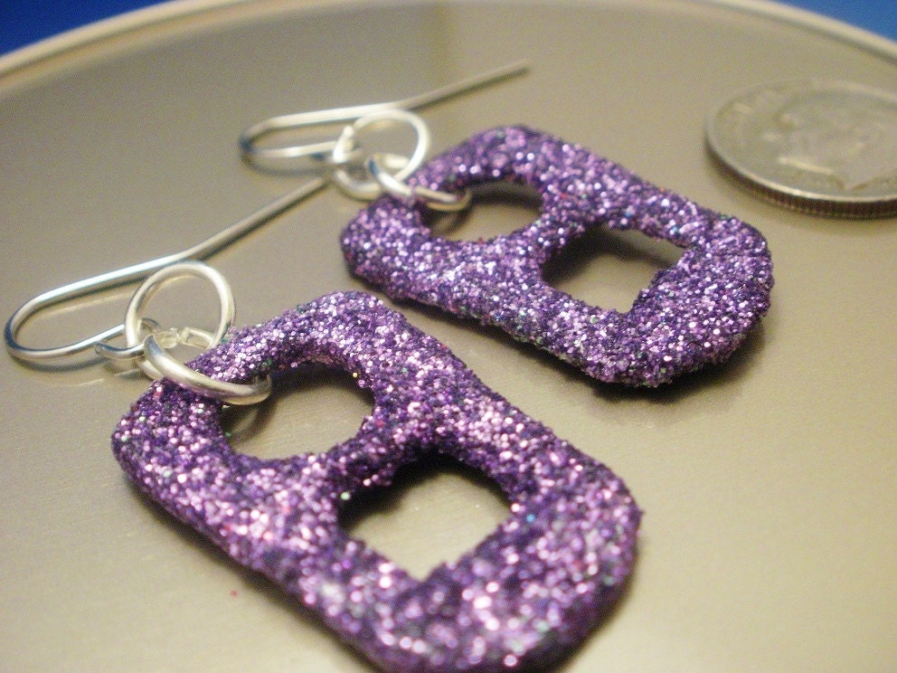 Handmade Repurposed Purple Glitter Soda Can Tab Earrings OOAK (FREE SHIPPING)