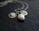 Personalized Charm Necklace with Sterling Silver Sand Dollar White Coin Pearl and Initial Charm Made to Order Wedding Bridesmaid Gift